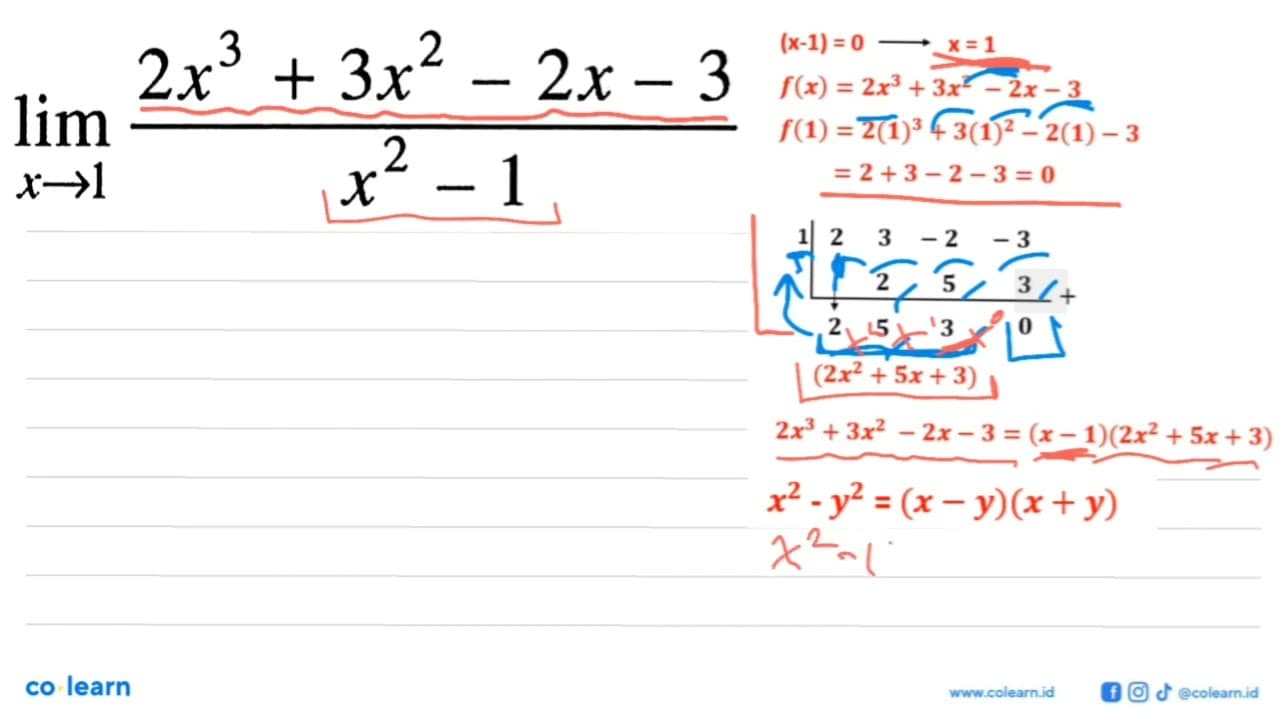 lim x->1 (2x^3+3x^2-2x-3)/(x^2-1)