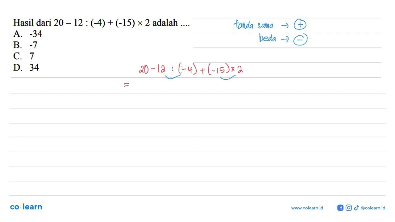 Hasil dari 20 - 12 : (-4) + (-15) x 2 adalah ....