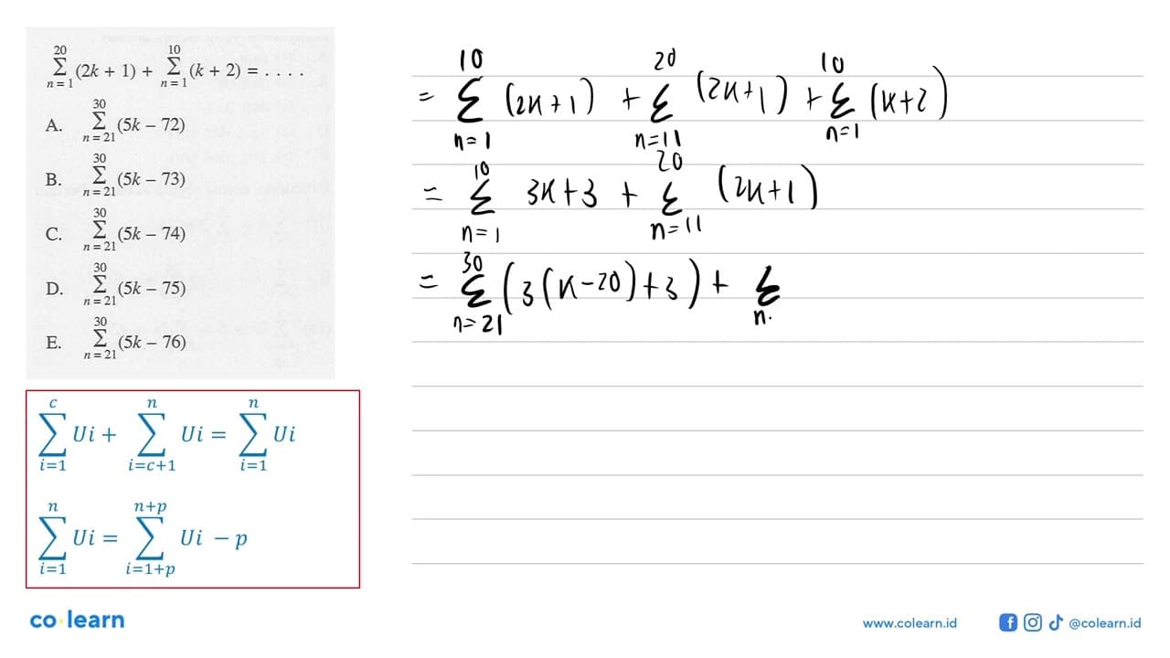 sigma n=1 20 (2k+1)+sigma n=1 10 (k+2)= ....