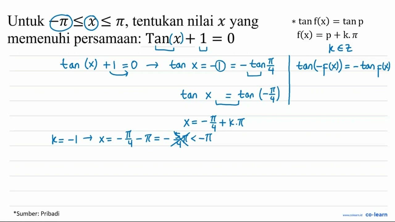 Untuk -pi <= x <= pi , tentukan nilai x yang memenuhi