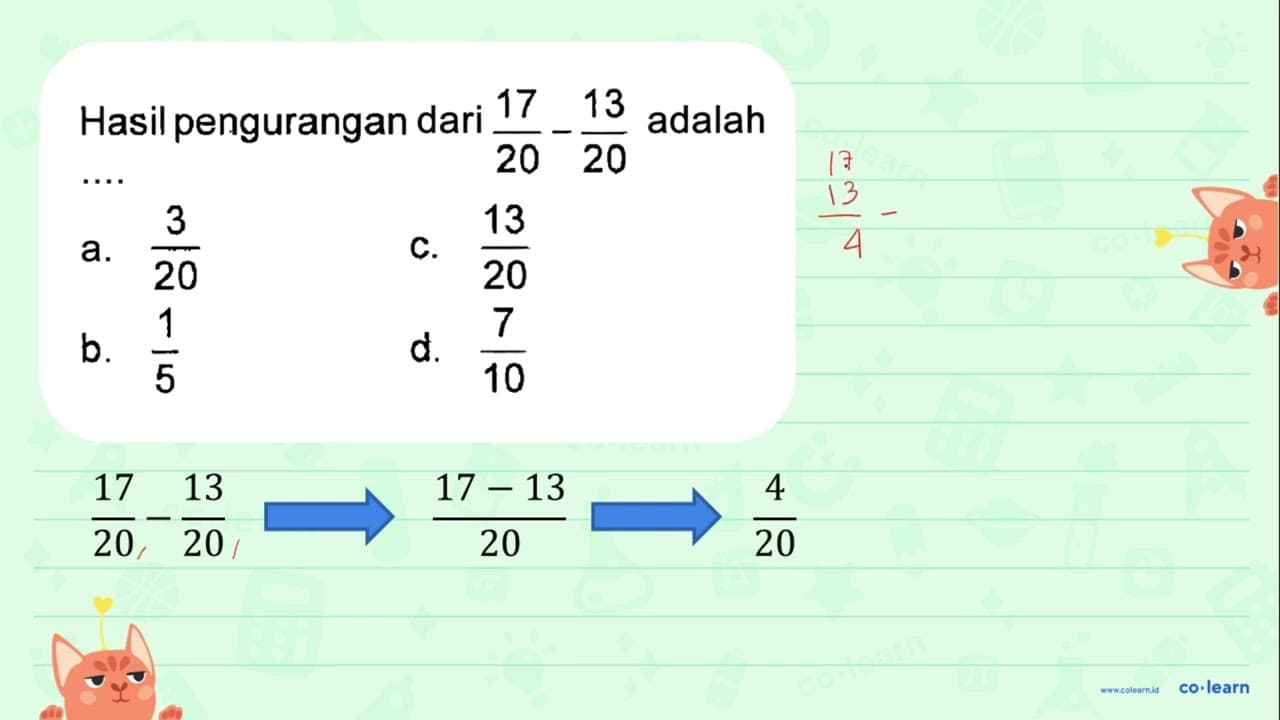 Hasil pengurangan dari 17/20 - 13/20 adalah ....