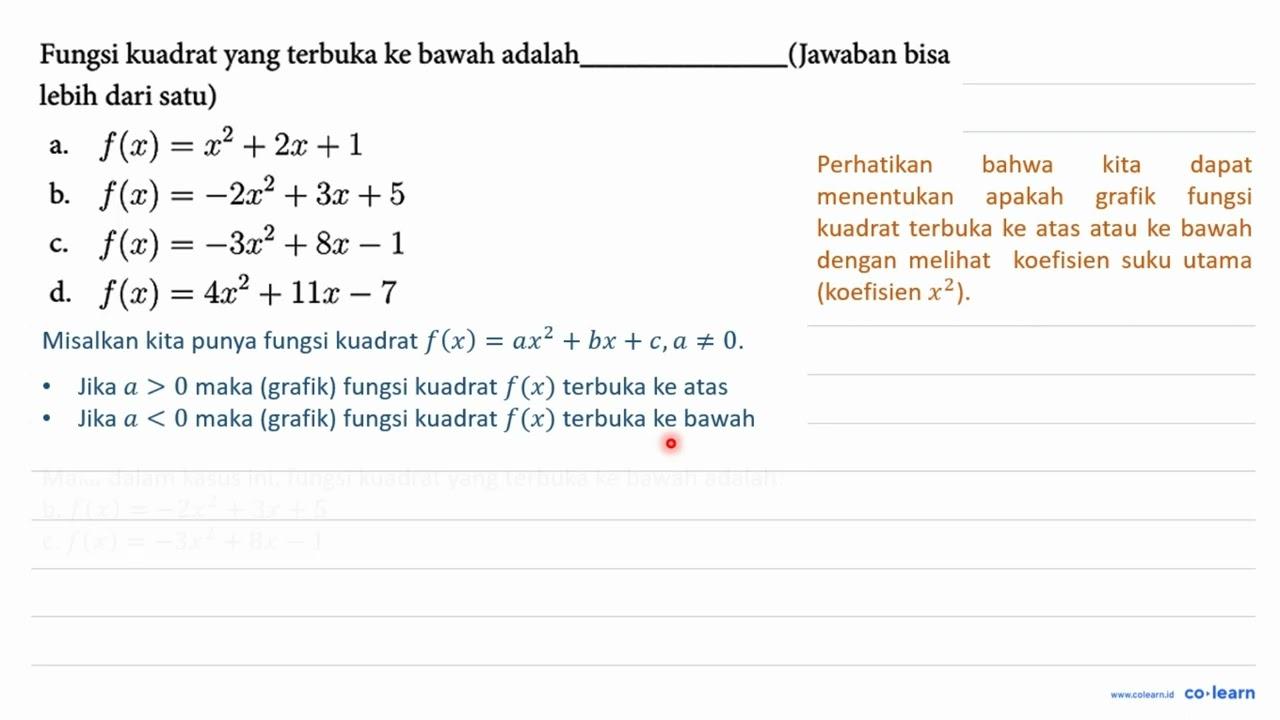 Fungsi kuadrat yang terbuka ke bawah adalah (Jawaban bisa