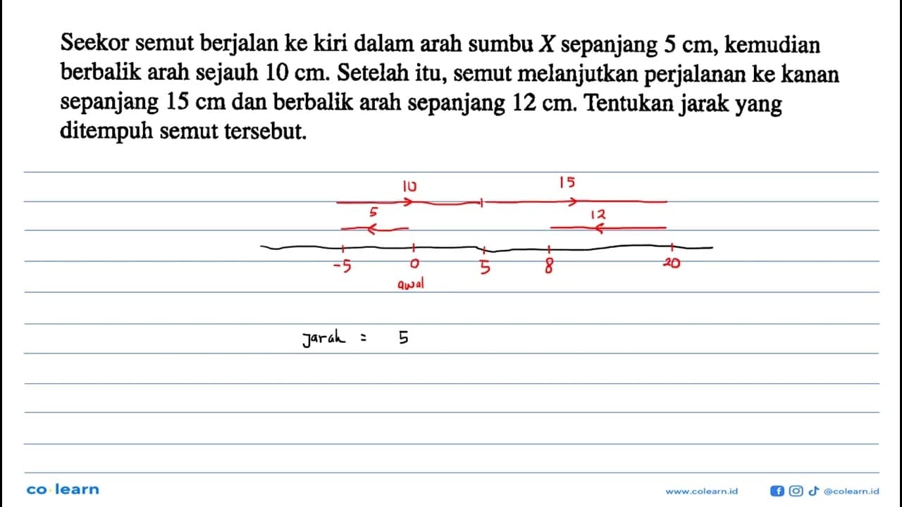 Seekor semut berjalan ke kiri dalam arah sumbu X sepanjang