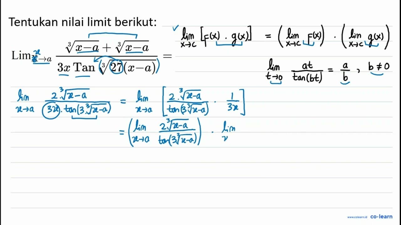 Lim_(X -> a) (sqrt[3]{x-a)+sqrt[3]{x-a))/(3 x Tan