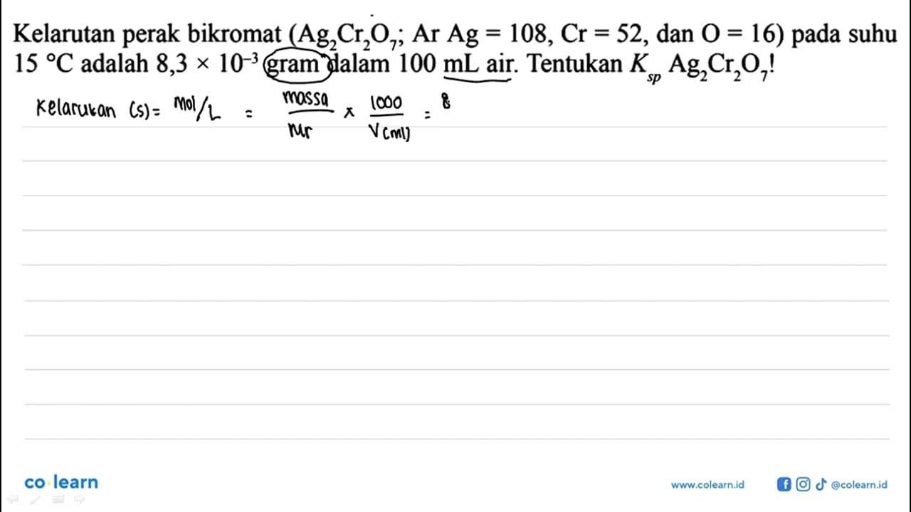 Kelarutan perak bikromat (Ag2Cr2O7 ; Ar Ag=108, Cr=52., dan