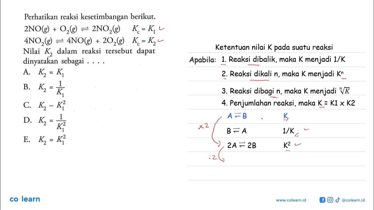 Perhatikan reaksi kesetimbangan berikut. 2 NO(g)+O2(g)<=>2