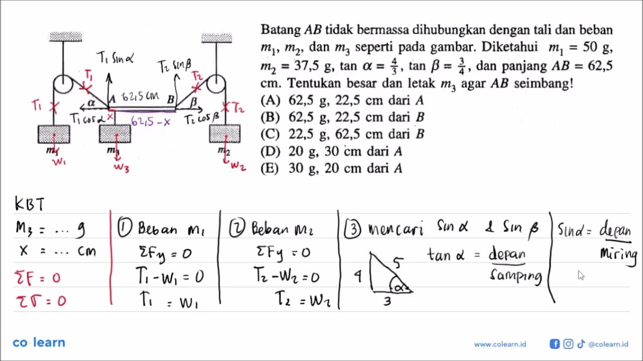 alpha A B beta m1 m3 m2 Batang AB tidak bermassa