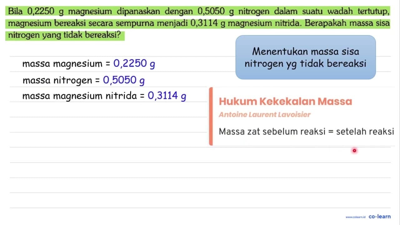 Bila 0,2250 g magnesium dipanaskan dengan 0,5050 g nitrogen