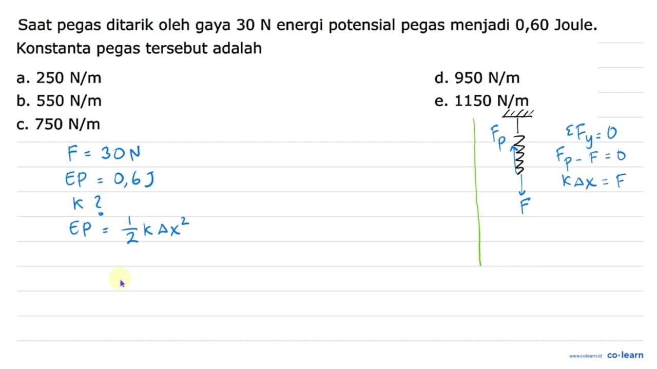 Saat pegas ditarik oleh gaya 30 N energi potensial pegas