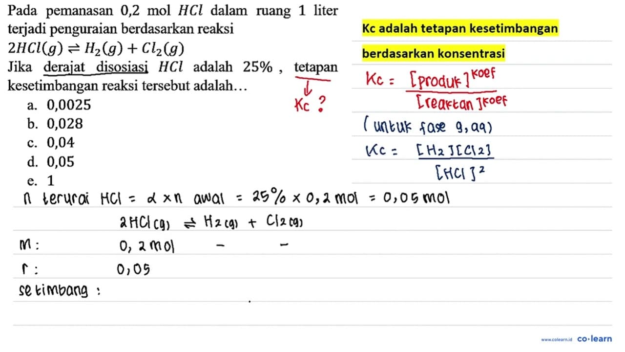 Pada pemanasan 0,2 mol HCl dalam ruang 1 liter terjadi