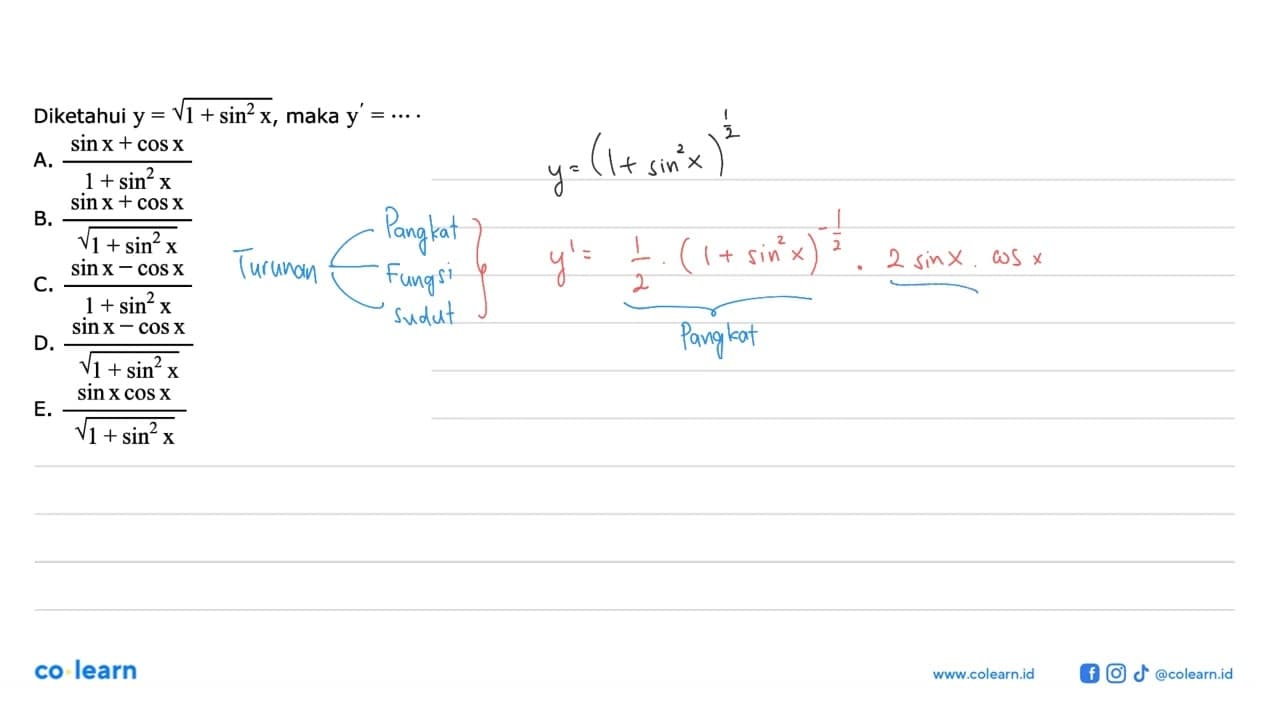 Diketahui y = akar(1+sin^2x), maka y' =