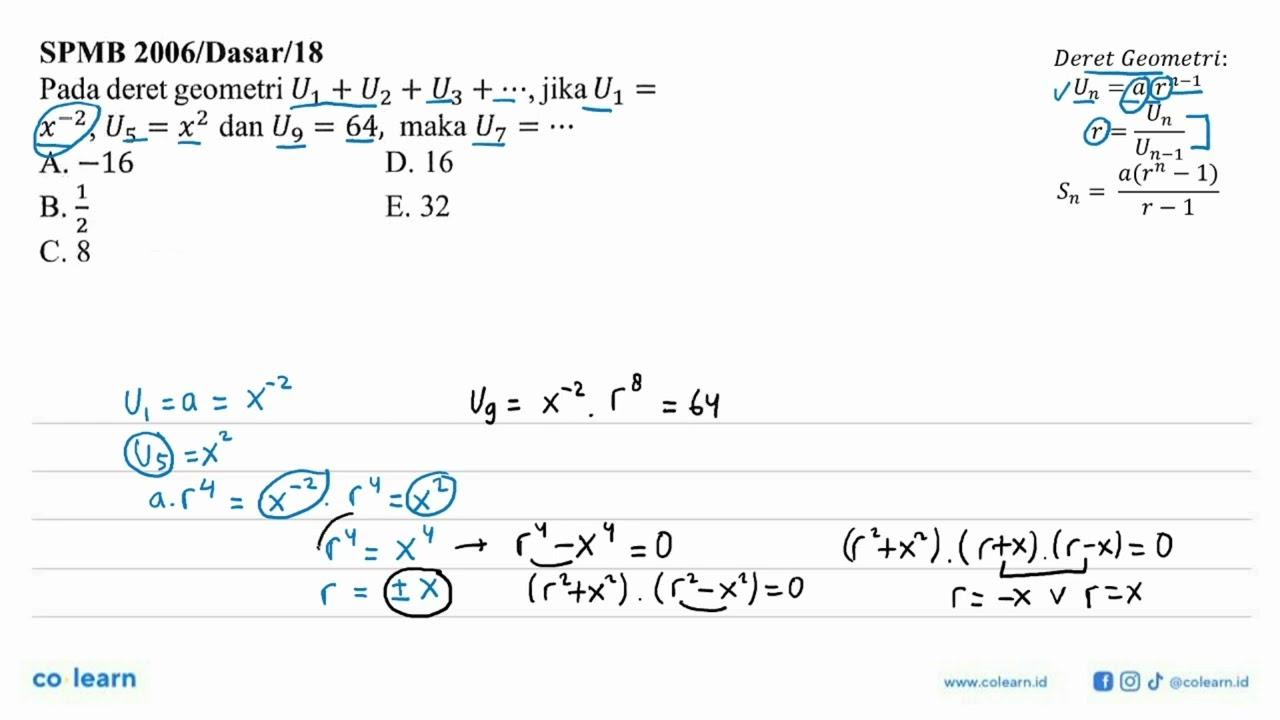 SPMB 2006/Dasar/18Pada deret geometri U1+U2+U3+.s , jika