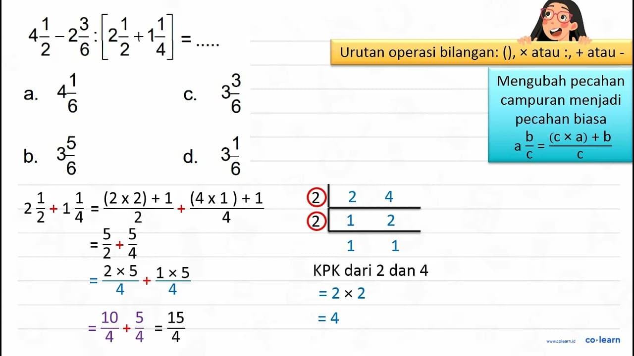 4 1/2-2 3/6:[2 1/2+1 1/4]=... . .