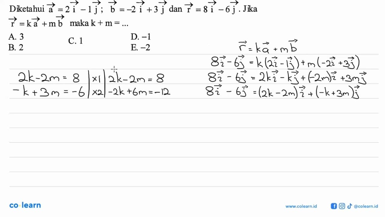 Diketahui vektor a=2i-1j; vektor b=-2i+3j dan vektor