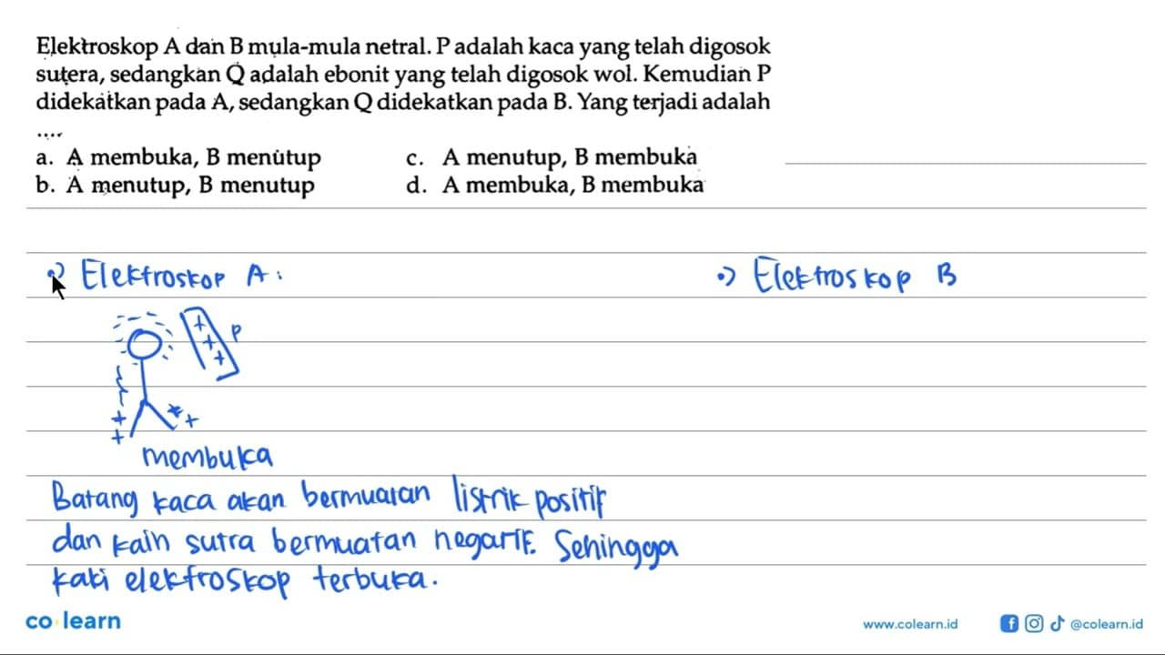 Elektroskop A dan B mula-mula netral. P adalah kaca yang