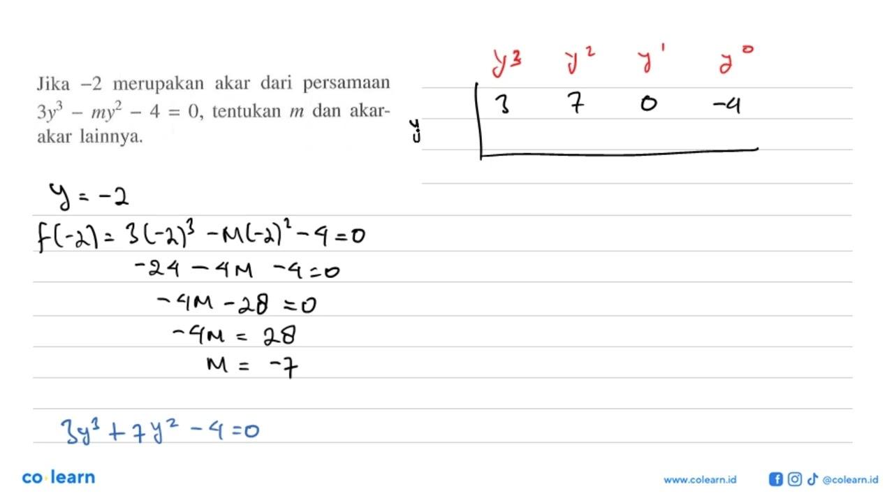 Jika -2 merupakan akar dari persamaan 3y^3-my^2-4=0,