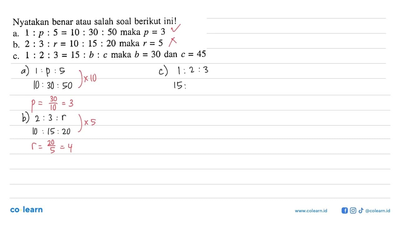 Nyatakan benar atau salah soal berikut ini!a. 1 : p : 5 =