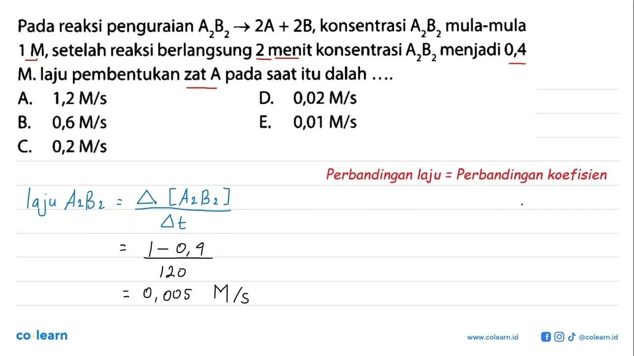 Pada reaksi penguraian A2B2 -> 2A+2B, konsentrasi A2B2