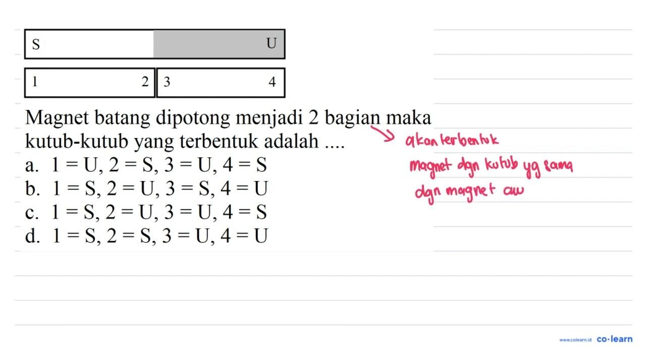 S U 1 2 3 Magnet batang dipotong menjadi 2 bagian maka