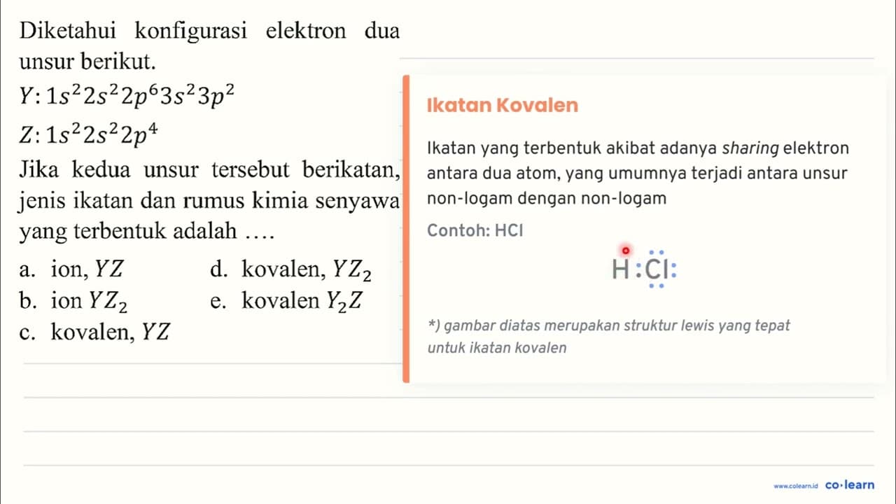 Diketahui konfigurasi elektron dua unsur berikut. Y: 1