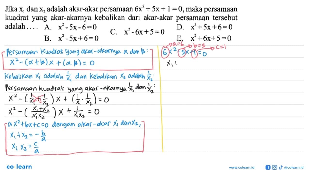 Jika x1 dan x2 adalah akar-akar persamaan 6x^2 + 5x + 1 =