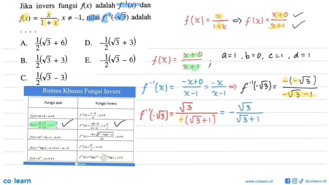 Jika invers fungsi f(x) adalah f^-1(x) dan f(x)=x/(1+x),