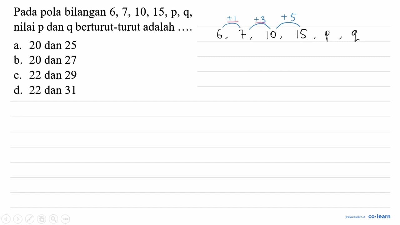Pada pola bilangan 6,7,10,15, p, q , nilai p dan q