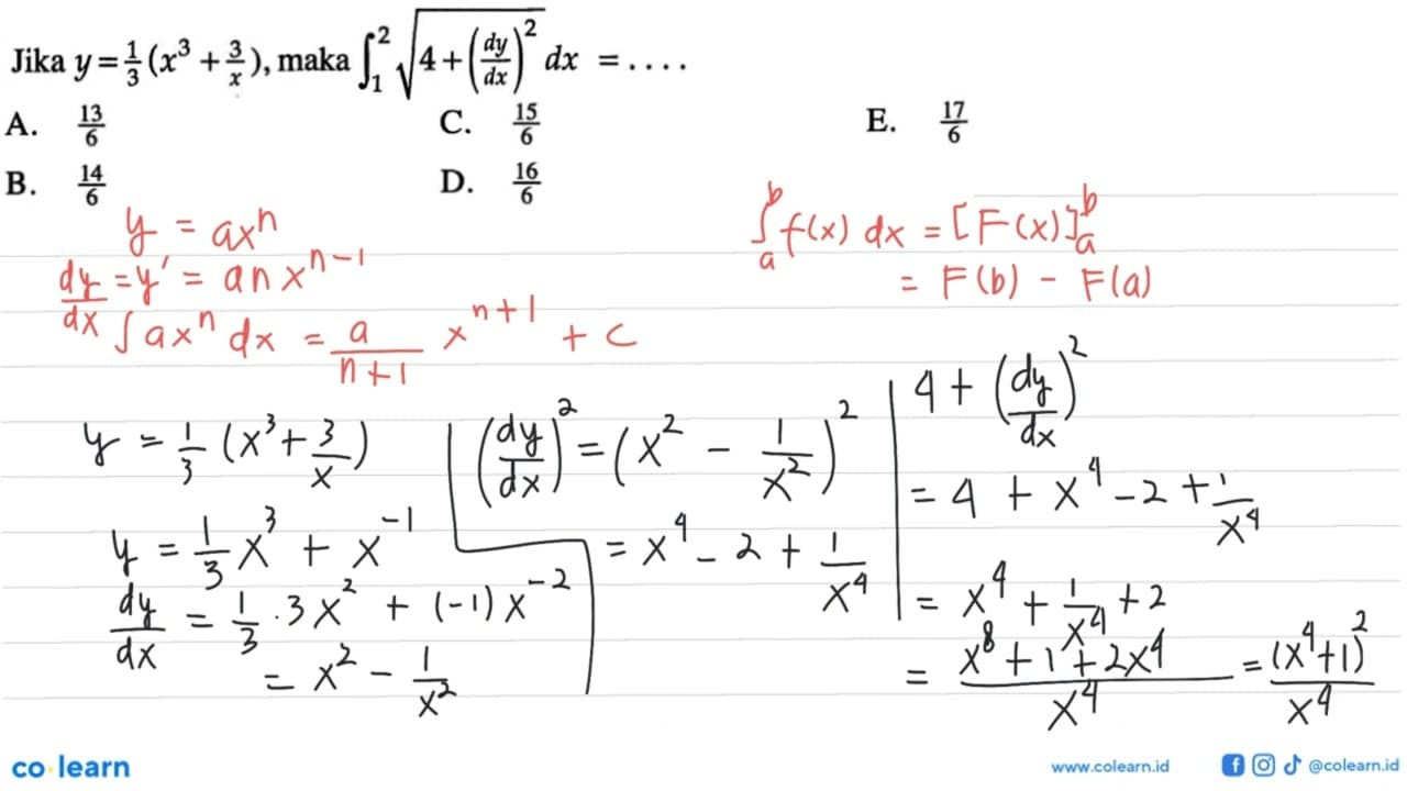 Jika y=1/3(x^3+3/x), maka integral 1 2 (4+(dy/dx)^1/2