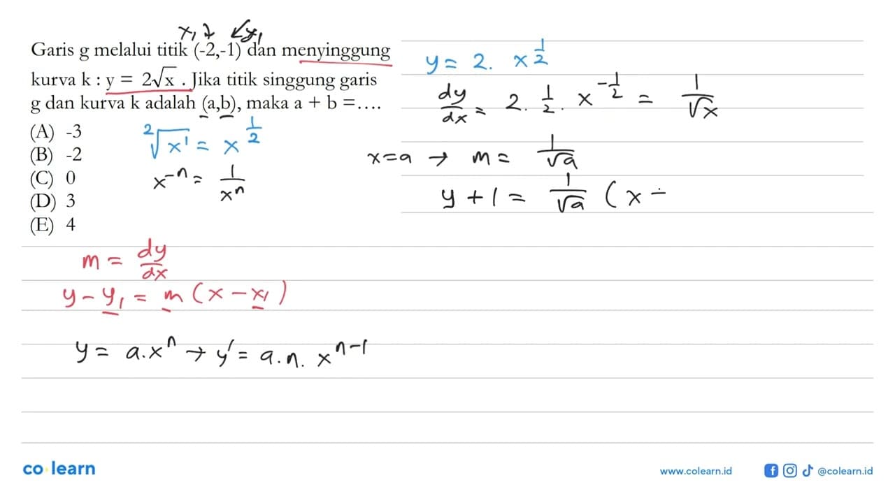 Garis g melalui titik (-2,-1) dan menyinggung kurva k: