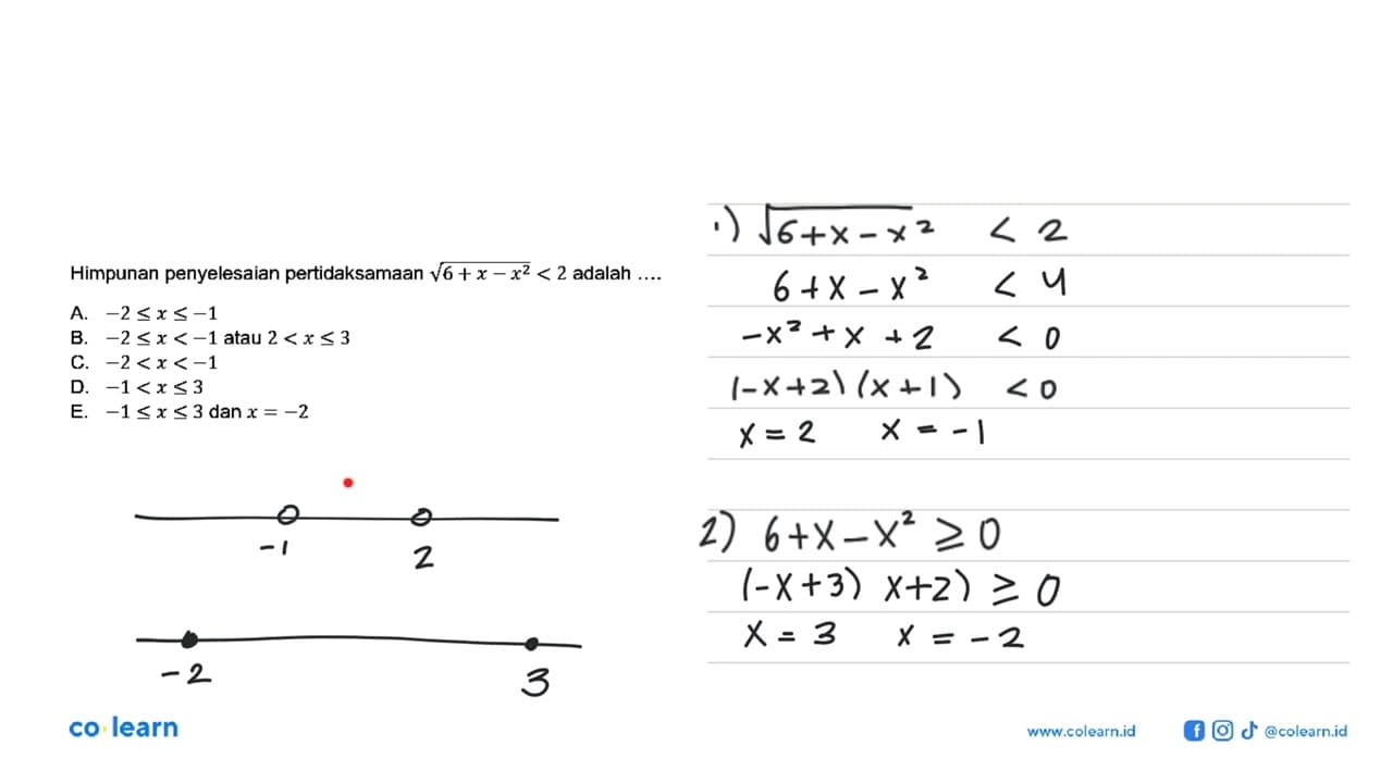 Himpunan penyelesaian pertidaksamaan akar(6+x-x^2)<2 adalah