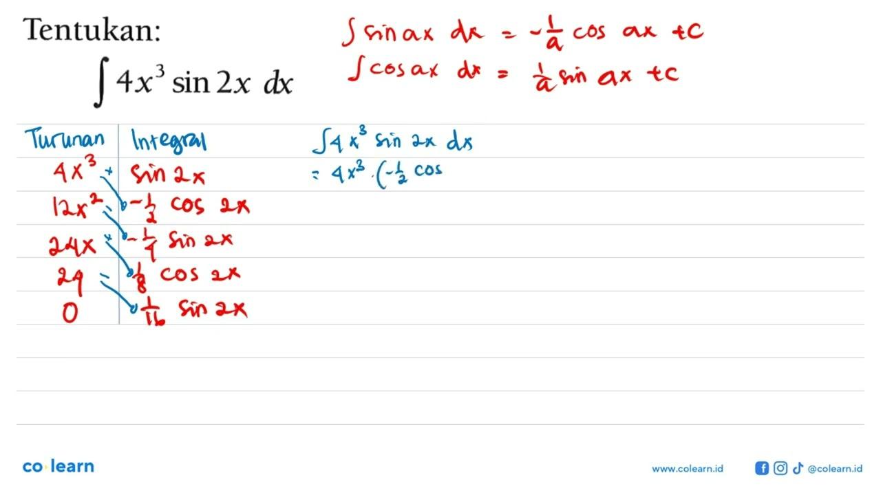 Tentukan:integral 4x^3 sin(2x) dx