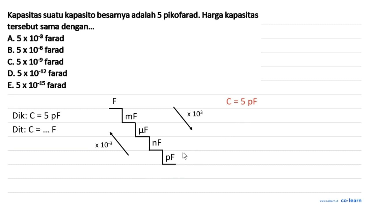 Kapasitas suatu kapasito besarnya adalah 5 pikofarad. Harga