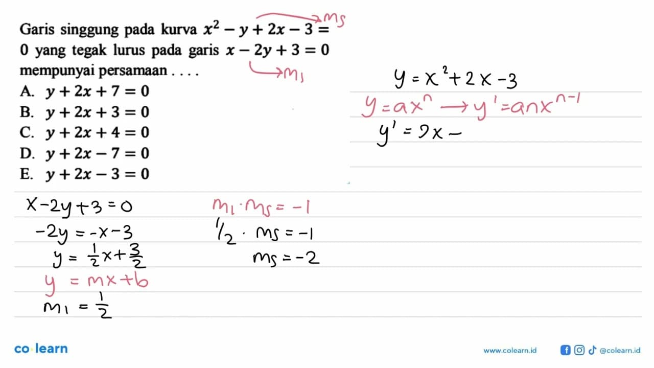 Garis singgung pada kurva x^2-y+2x-3=0 yang tegak lurus