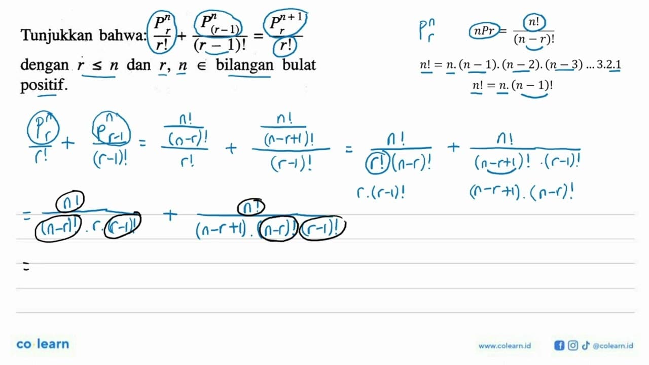 Tunjukkan bahwa: Pr^n/r !+P(r-1)^n/(r-1) !=Pr^n+1/r !