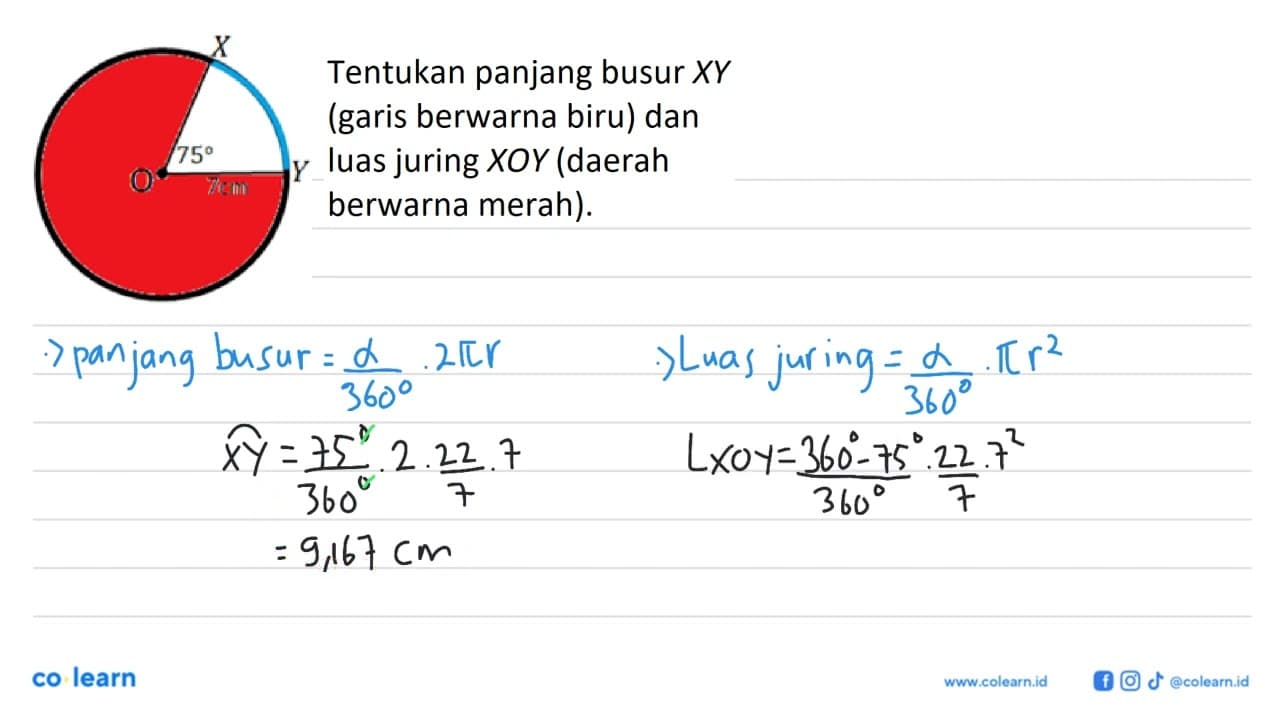 Tentukan panjang busur XY (garis berwarna biru) dan luas