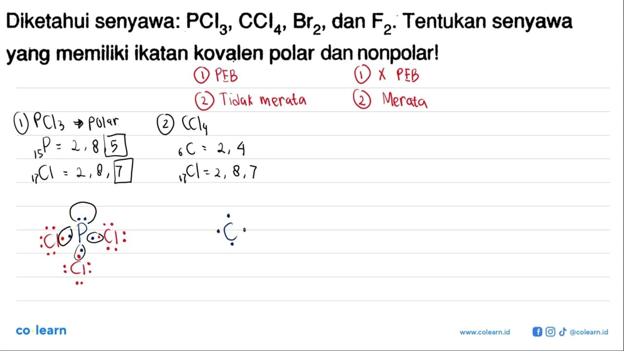 Diketahui senyawa: PCl3, CCl4, Br2, dan F2. Tentukan