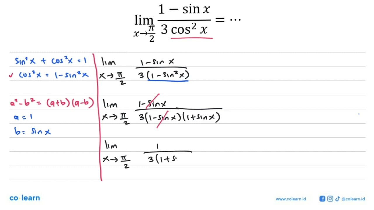 lim x->(pi/2) ((1-sin x)/(3cos^2 X))