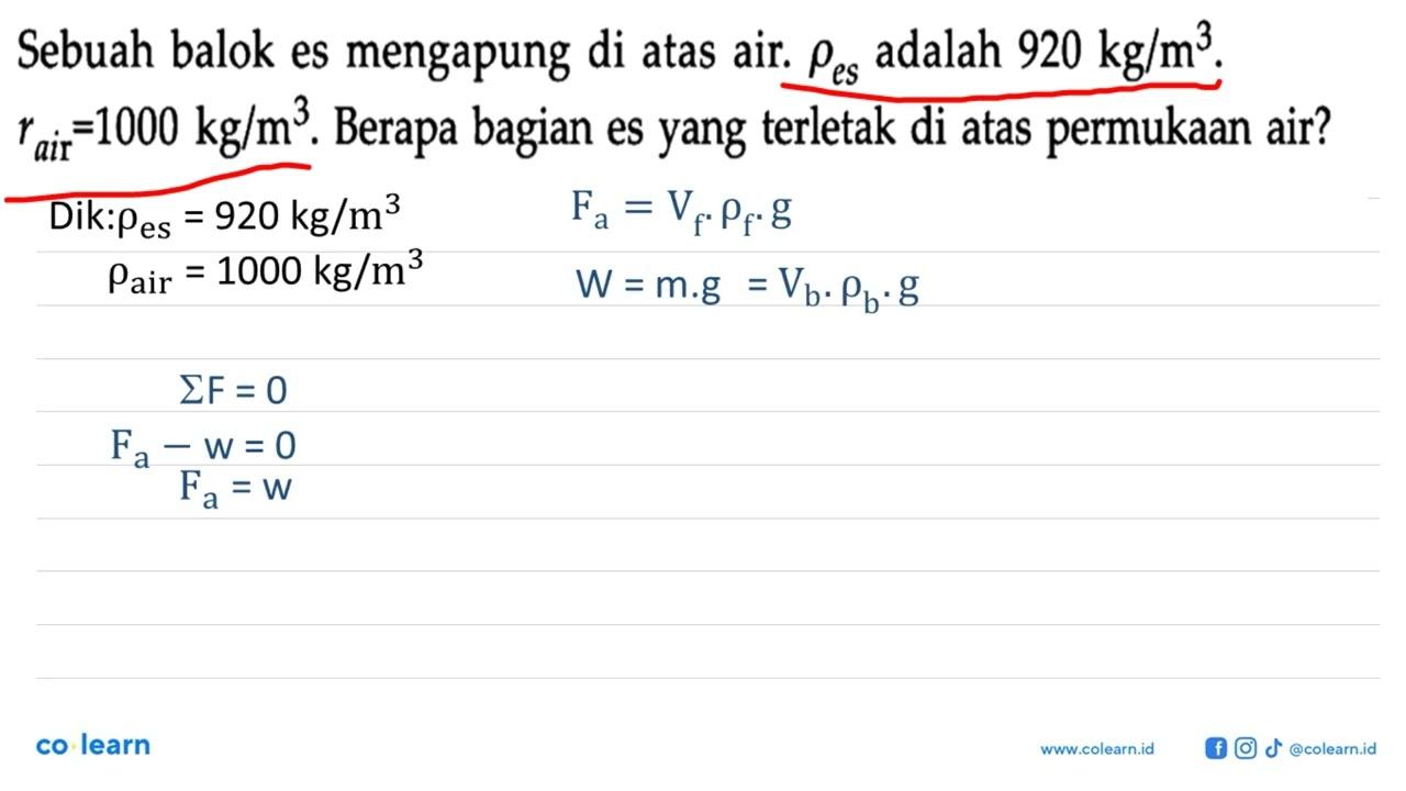 Sebuah balok es mengapung di atas air. rho es adalah 920