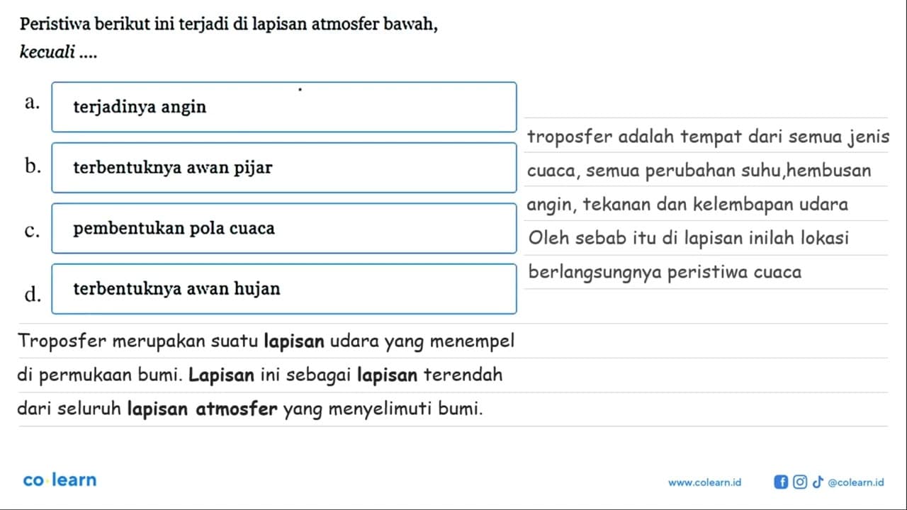 Peristiwa berikut ini terjadi di lapisan atmosfer bawah,