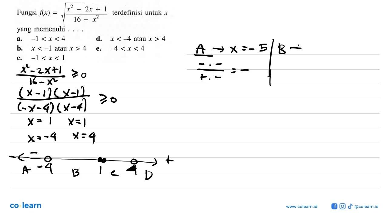 Fungsi f(x)=akar((x^2-2 x+1)/(16-x^2)) terdefinisi untuk x