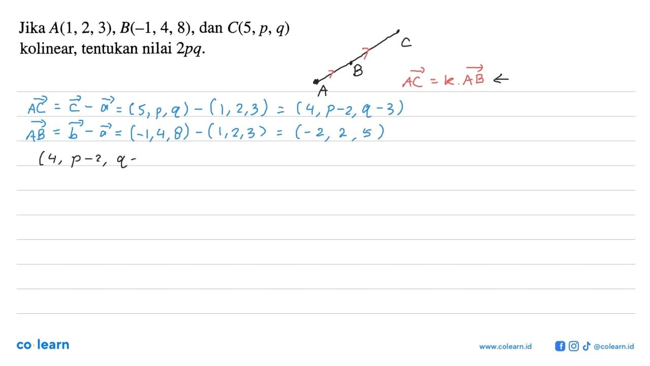 Jika A(1,2,3), B(-1,4,8) , dan C(5, p, q) kolinear,