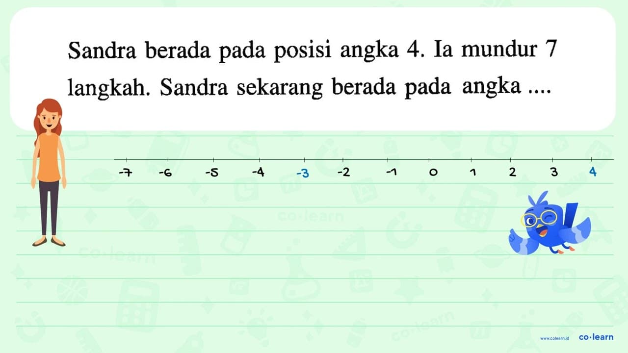 Sandra berada pada posisi angka 4. Ia mundur 7 langkah