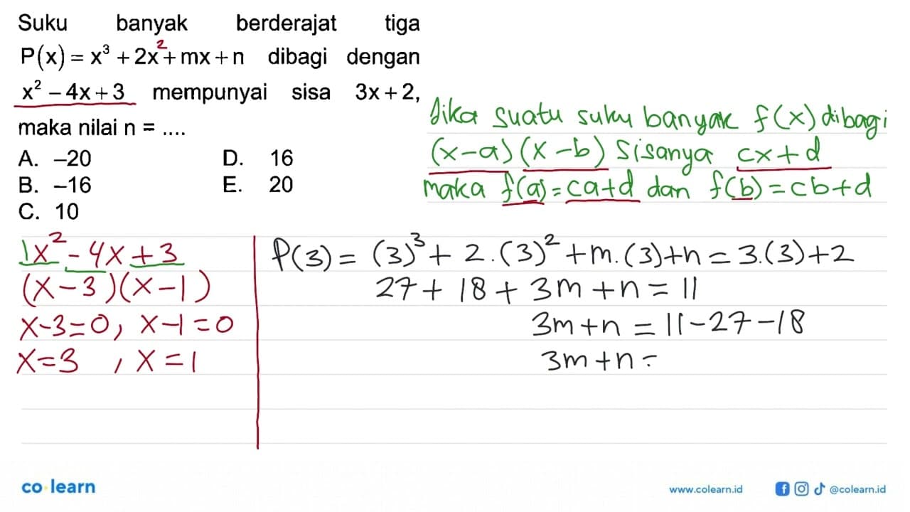 Suku banyak berderajat tiga P(x)=x^3+2x+mx+n dibagi dengan