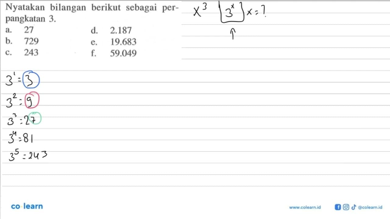 Nyatakan bilangan berikut sebagai perpangkatan 3. a. 27 d.