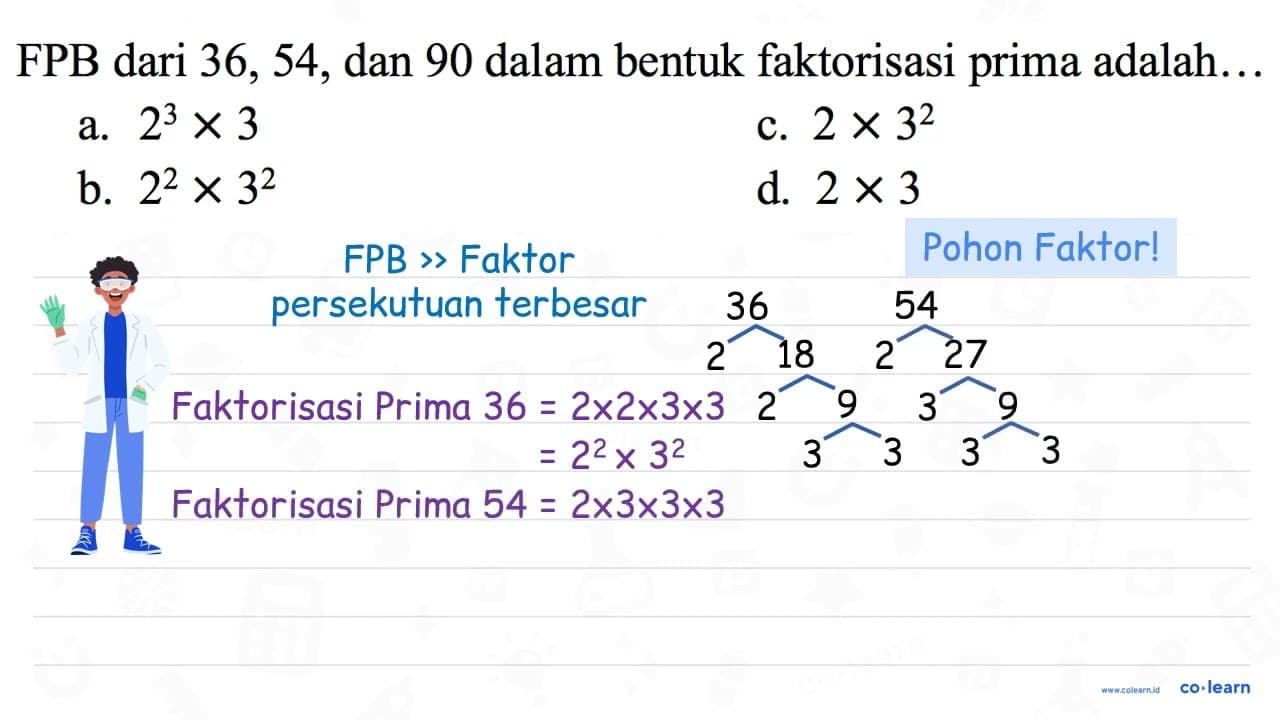 FPB dari 36,54, dan 90 dalam bentuk faktorisasi prima