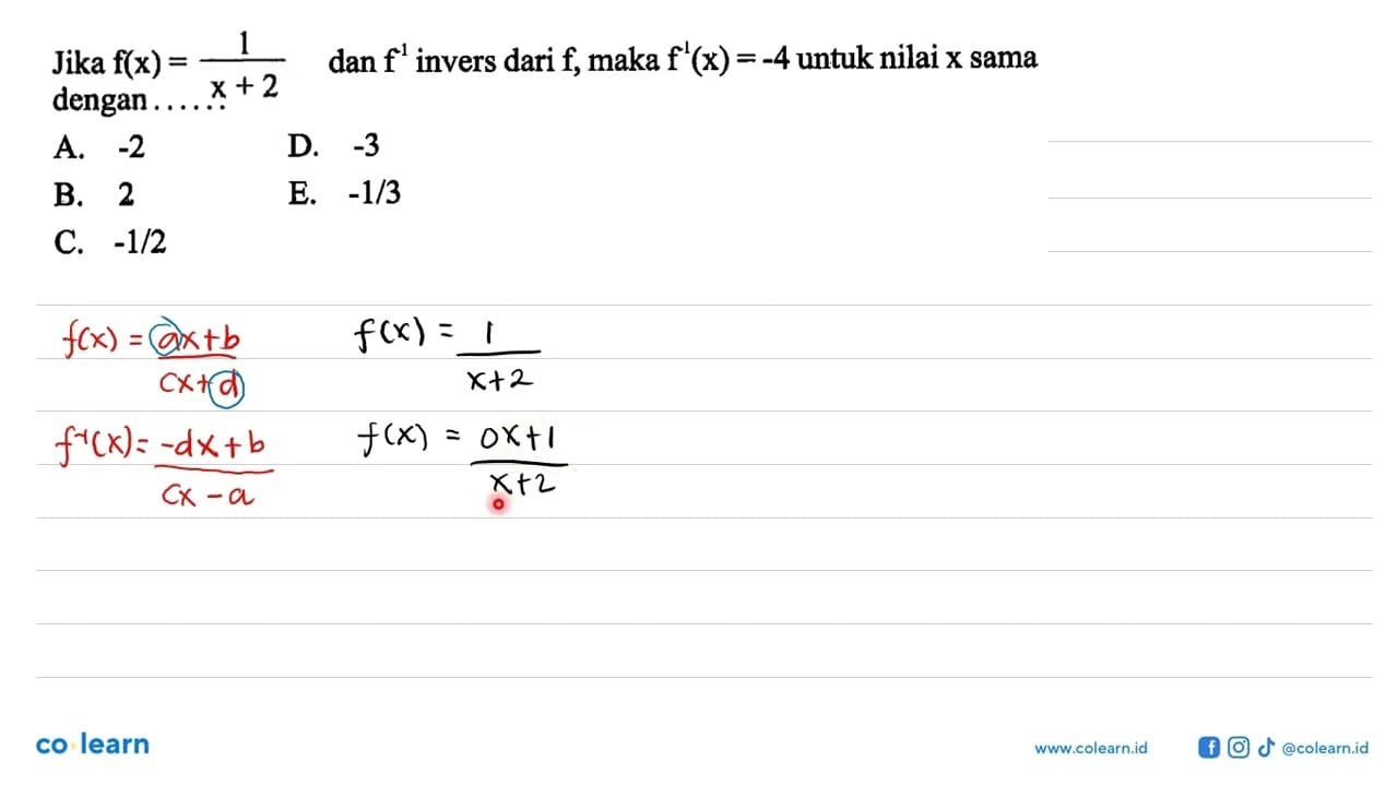 Jika f(x)= 1/(x+2) dan f^(1) invers dari f , maka