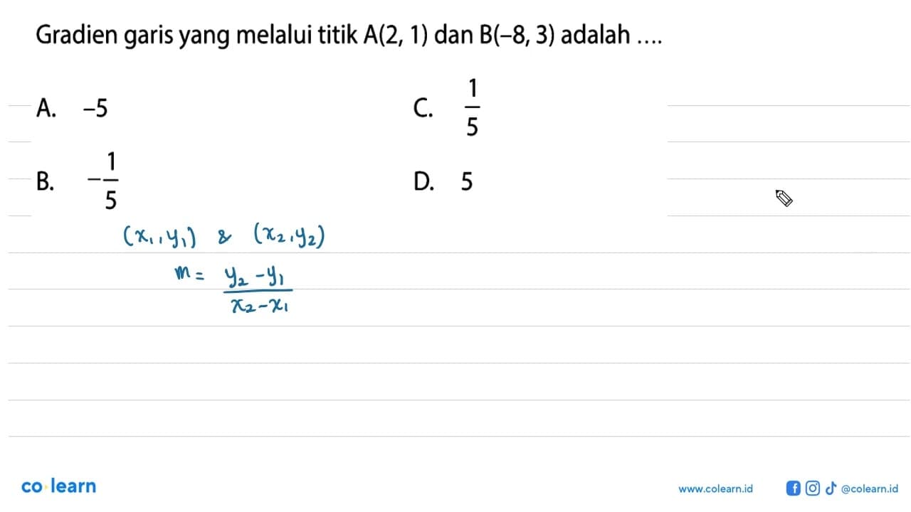 Gradien garis yang melalui titik A(2, 1) dan B(-8,3) adalah
