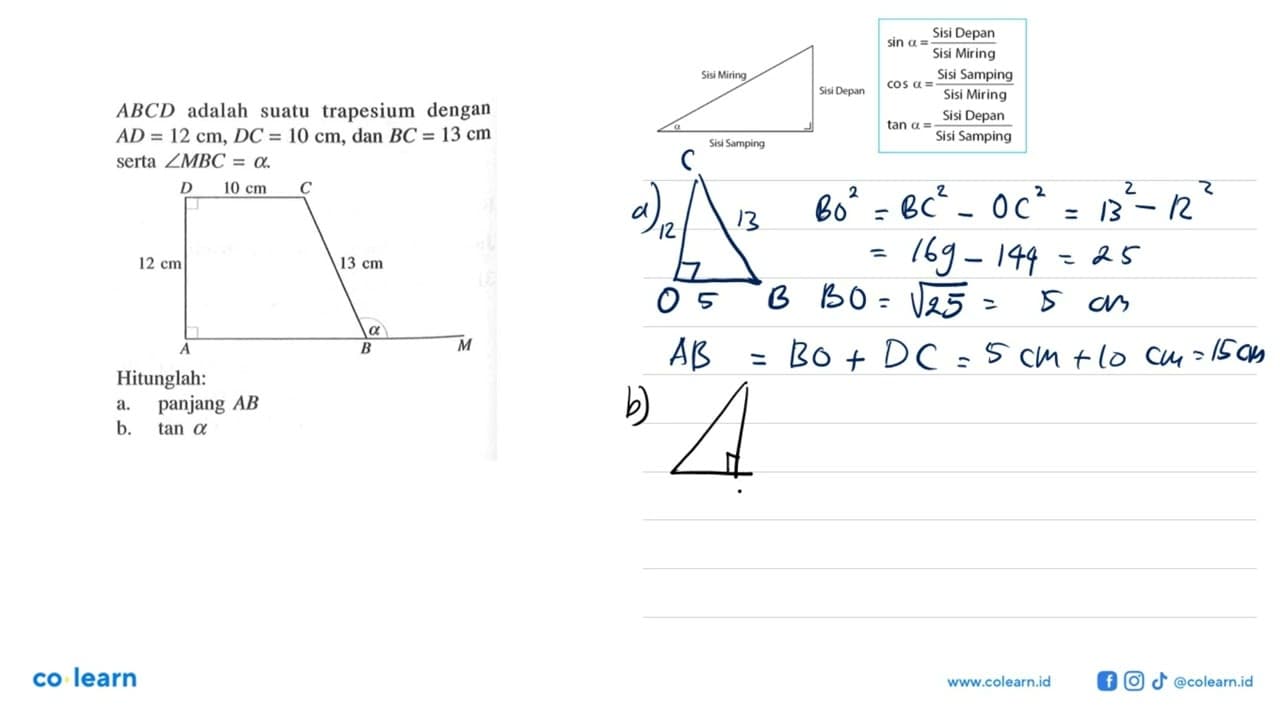 ABCD adalah suatu trapesium dengan AD=12 cm, DC=10 cm, dan