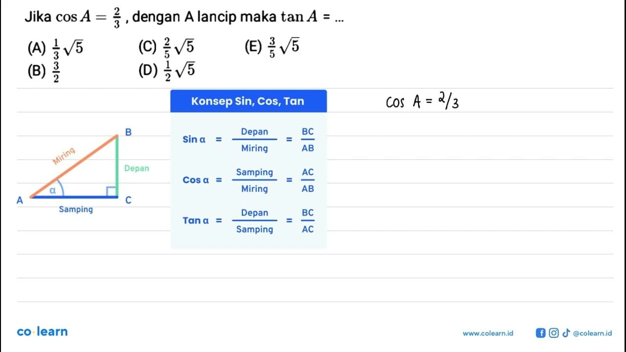 Jika cos A =2/3, dengan A lancip maka tan A = ...