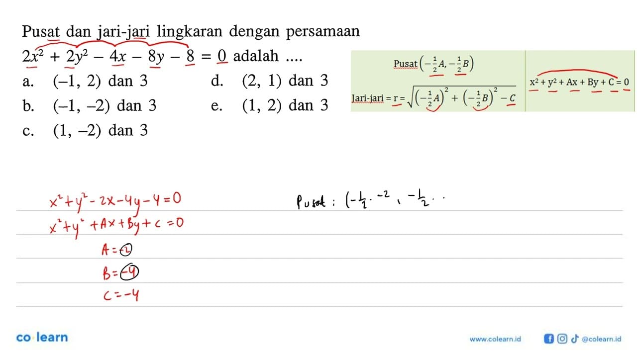 Pusat dan jari-jari lingkaran dengan persamaan